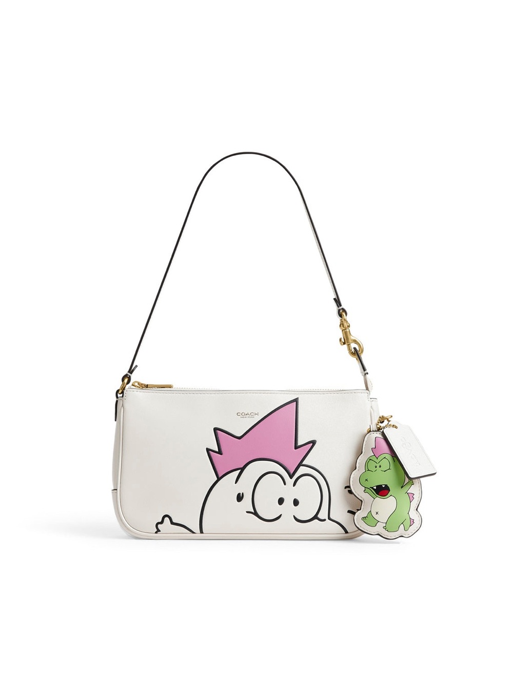 Coach White Leather Wrist Bag with Pink Accent and Character Charm